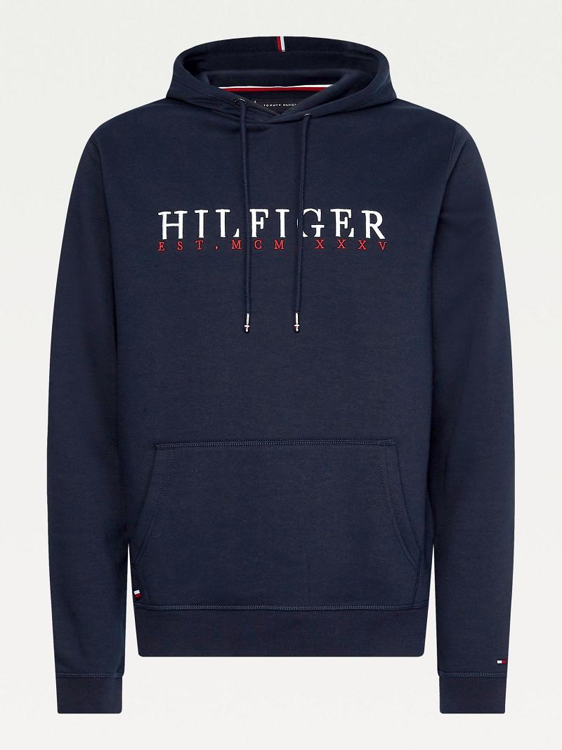 Férfi Tommy Hilfiger Organic Pamut Logo Hoodies Sötétkék | HU 1237BEX